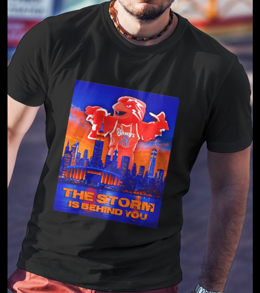 St John's University Red Storm Mascot With New York City Skyline The Storm Is Behind You T-Shirt