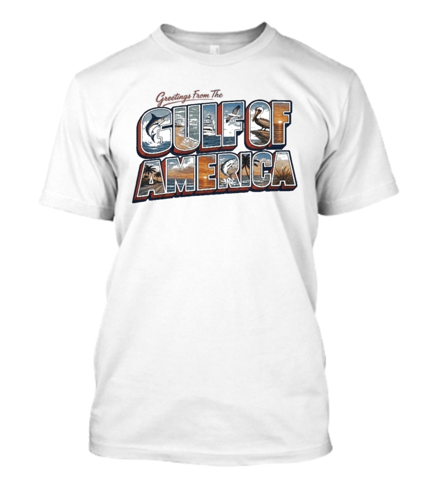 Greetings From The Gulf Of America Marlin Pelican Palm Trees Sunset Ocean Adventure T-Shirt