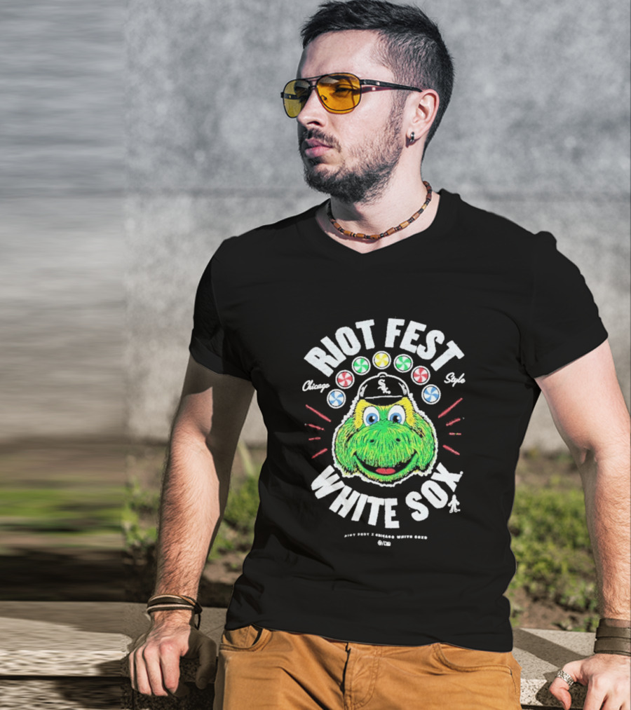 Riot Fest Chicago Style White Sox Collab With Green Mascot And Candy Circles T-Shirt