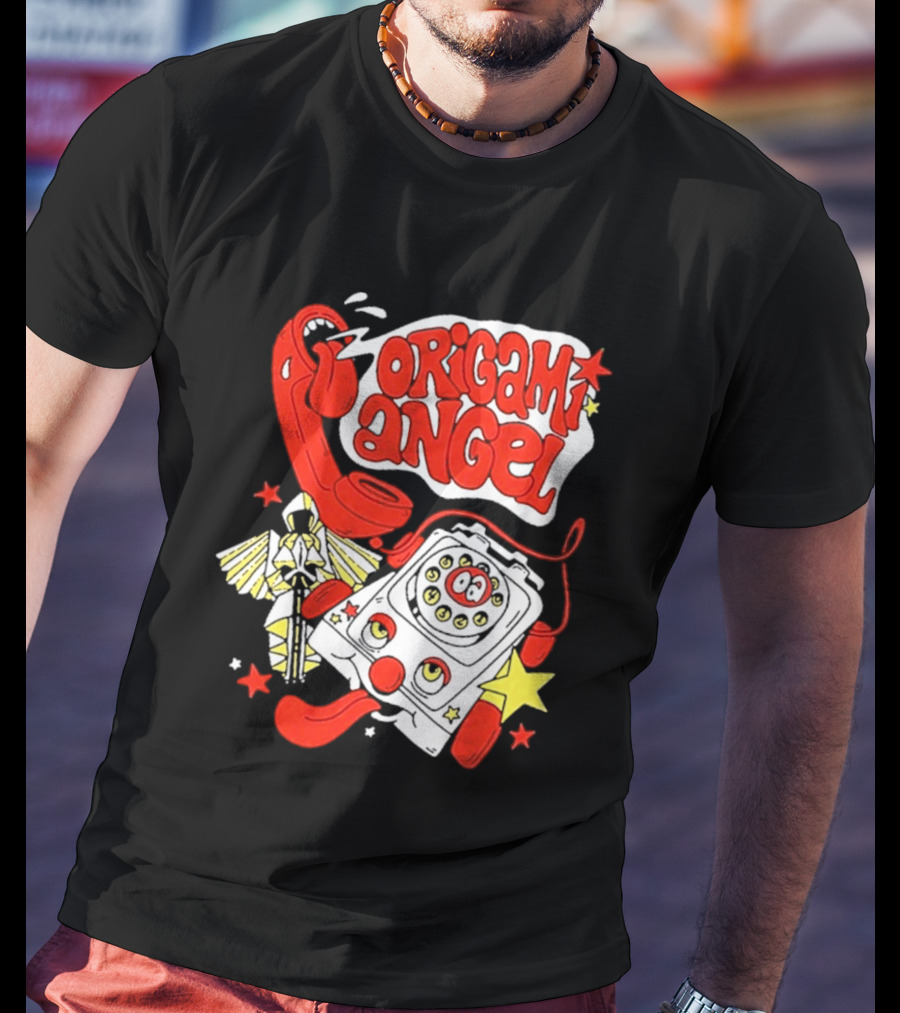 Origami Angel Retro Phone Illustration With Stars And Wings T-Shirt