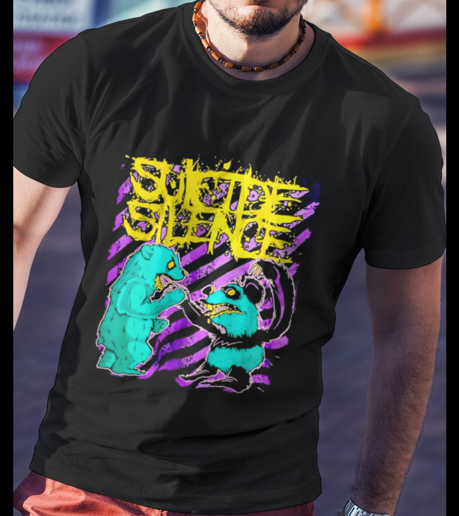 Suicide Silence Bears And Pandas Face Off In Striped Painting T-Shirt