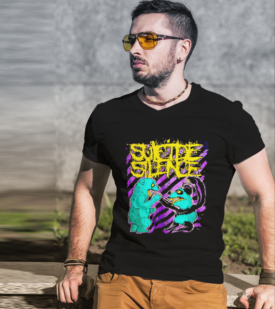 Suicide Silence Bears And Pandas Face Off In Striped Painting T-Shirt