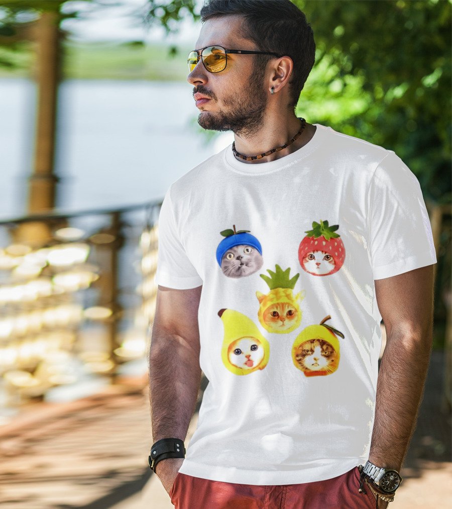 Whimsical Cats In Fruit Hats Blueberry Strawberry Pineapple Banana Apple T-Shirt
