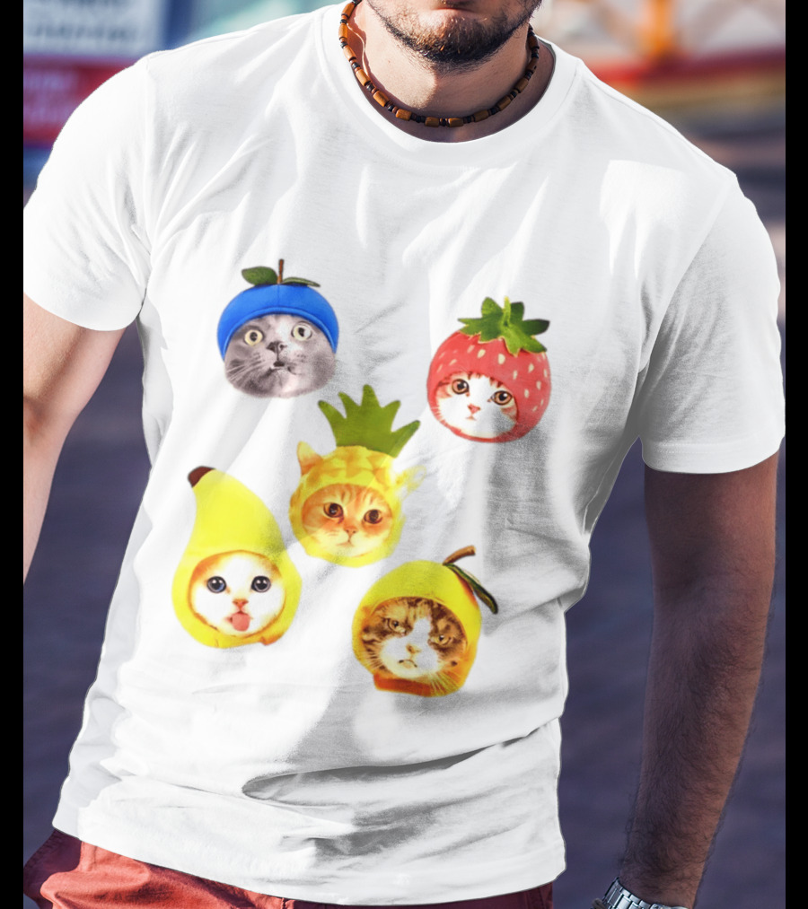Whimsical Cats In Fruit Hats Blueberry Strawberry Pineapple Banana Apple T-Shirt