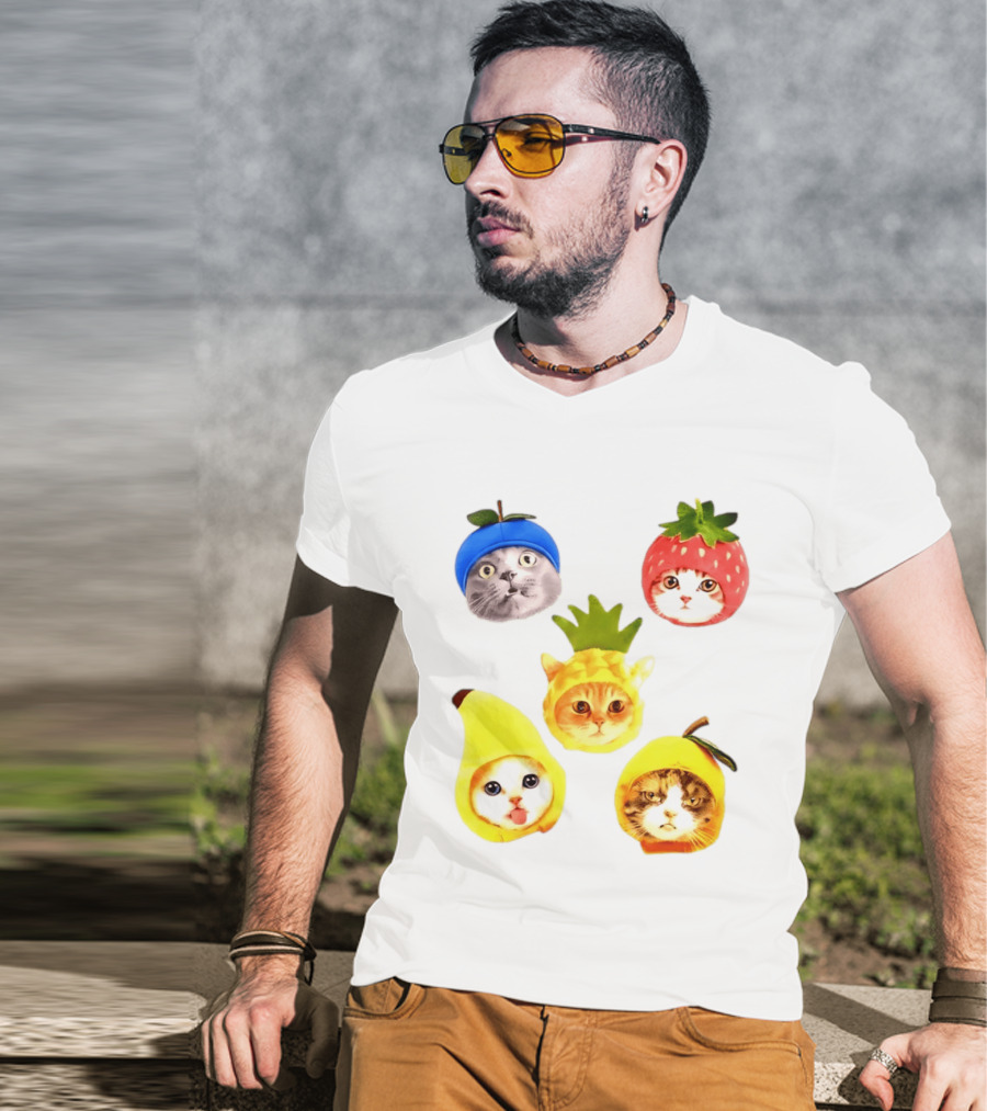 Whimsical Cats In Fruit Hats Blueberry Strawberry Pineapple Banana Apple T-Shirt