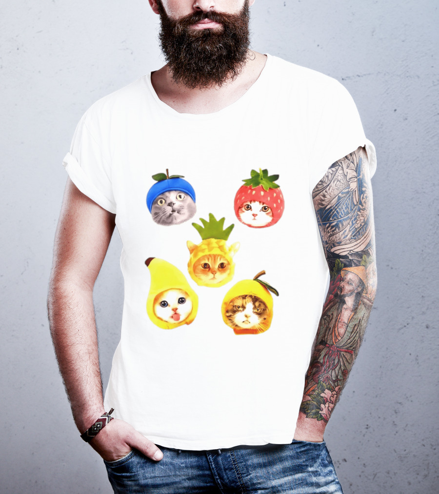 Whimsical Cats In Fruit Hats Blueberry Strawberry Pineapple Banana Apple T-Shirt
