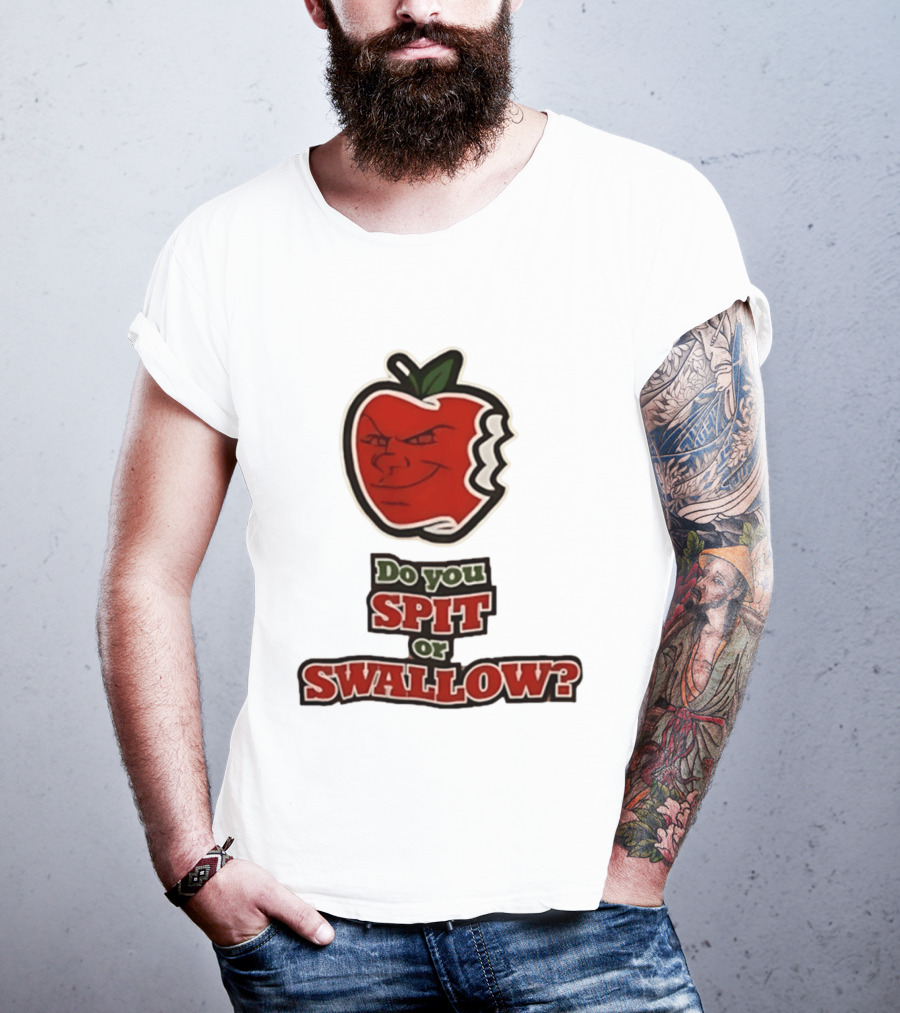 Do You Spit Or Swallow Question With Grinning Apple Bite T-Shirt