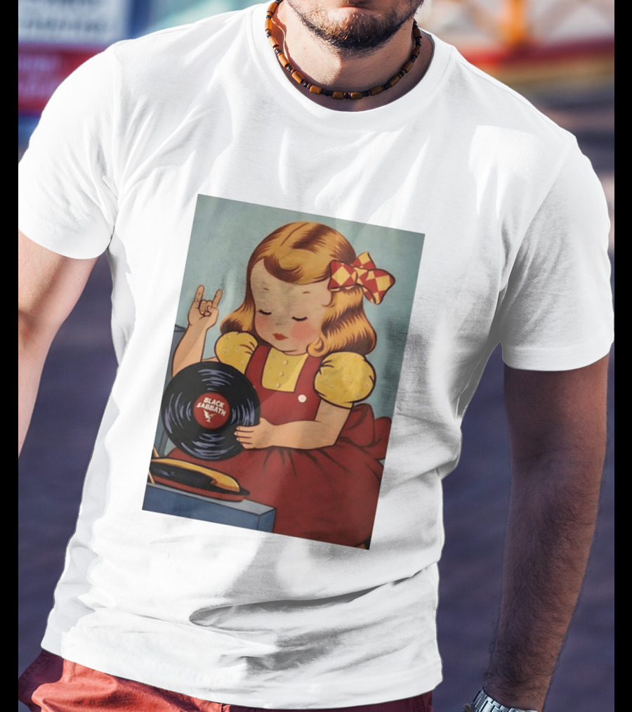 Girl Holding Black Sabbath Vinyl Heavy Metal T-Shirt