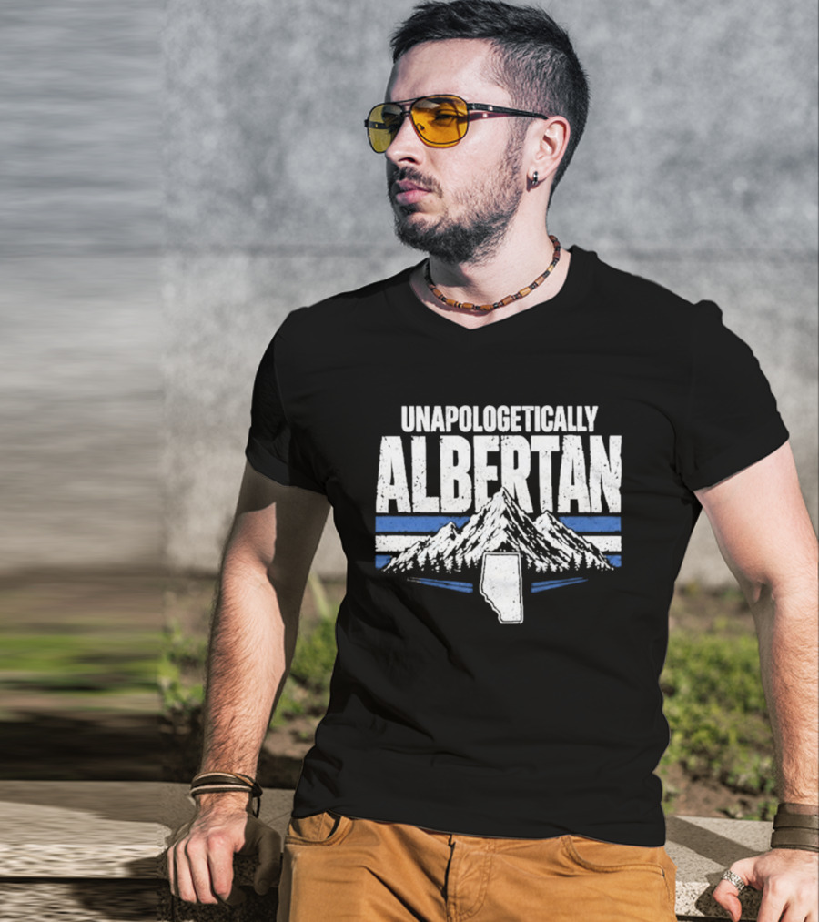 Unapologetically Albertan Alberta Map Mountains Stripes T-Shirt