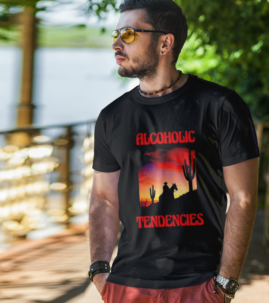 Alcoholic Tendencies Cowboy Desert Sunset Cactus Scene T-Shirt