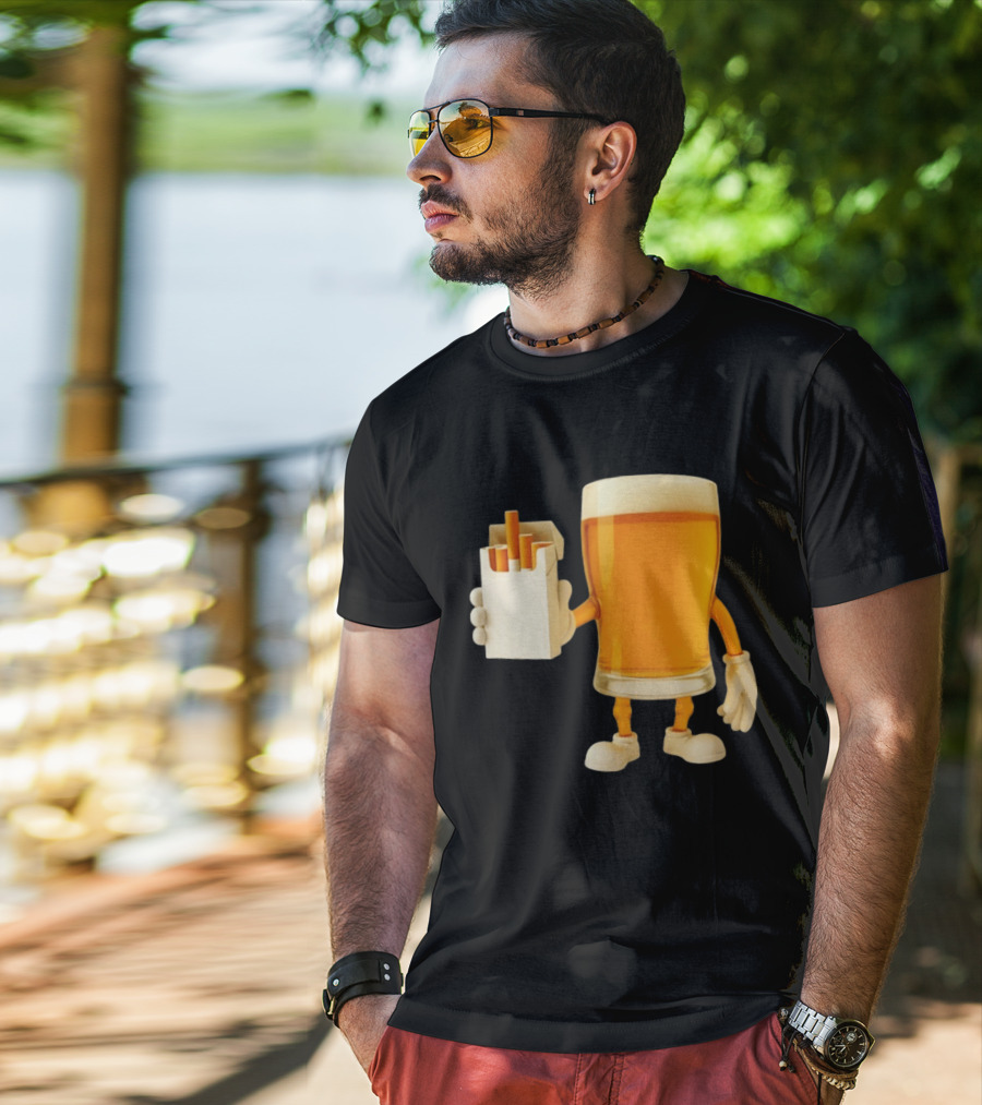 Beer Glass Holding Cigarettes Funny Drunk Cigs T-Shirt