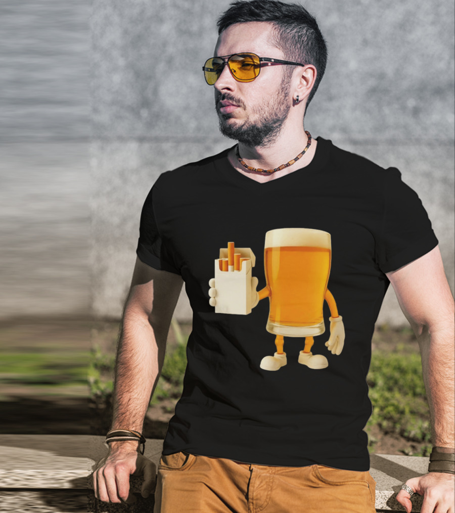 Beer Glass Holding Cigarettes Funny Drunk Cigs T-Shirt