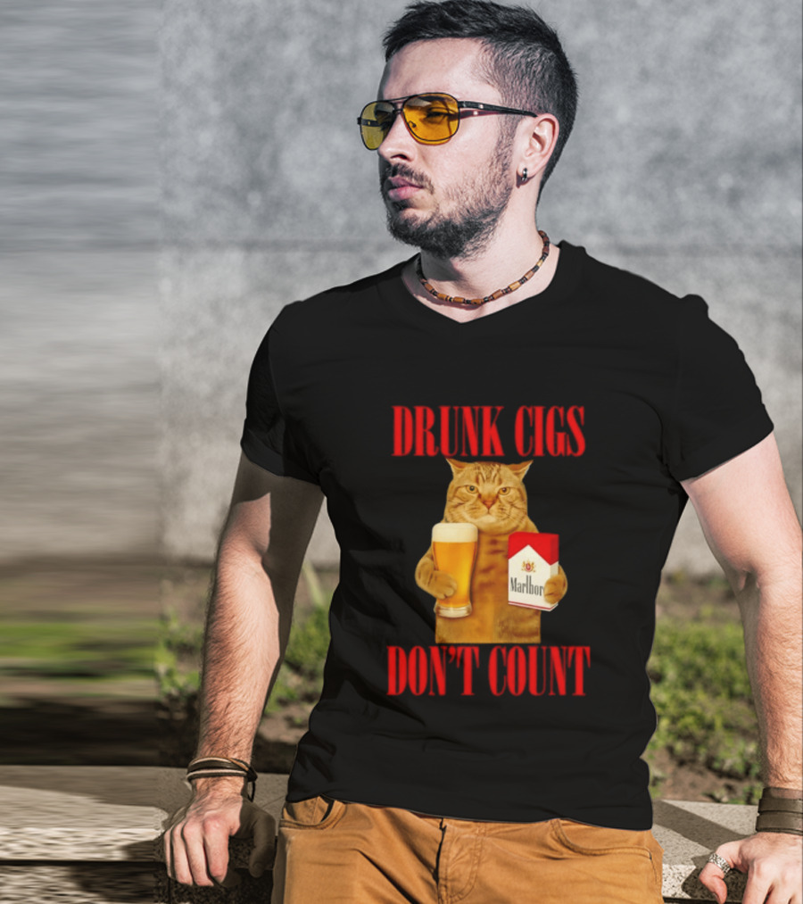 Drunk Cigs Don't Count Cat With Beer And Cigarette Pack T-Shirt