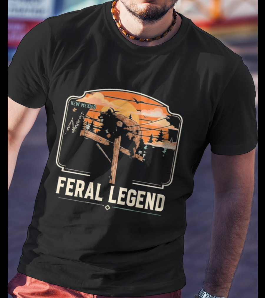 Feral Legend New Mexico Bear Climbs Light Pole Sunset Scene T-Shirt