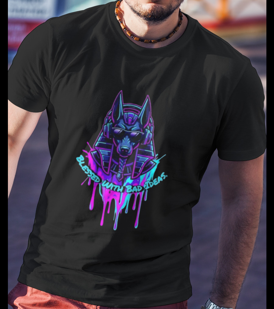Blessed With Bad Ideas Anubis Headphones Neon Egyptian Mythology T-Shirt