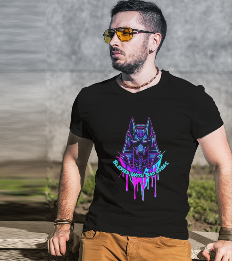 Blessed With Bad Ideas Anubis Headphones Neon Egyptian Mythology T-Shirt