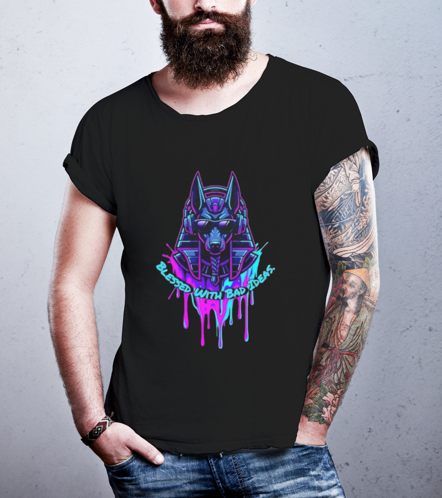 Blessed With Bad Ideas Anubis Headphones Neon Egyptian Mythology T-Shirt