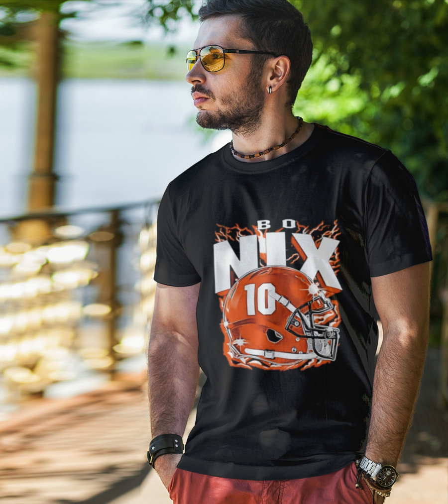Bo Nix 10 Orange Football Helmet Flames T-Shirt