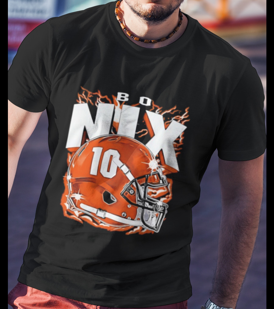 Bo Nix 10 Orange Football Helmet Flames T-Shirt