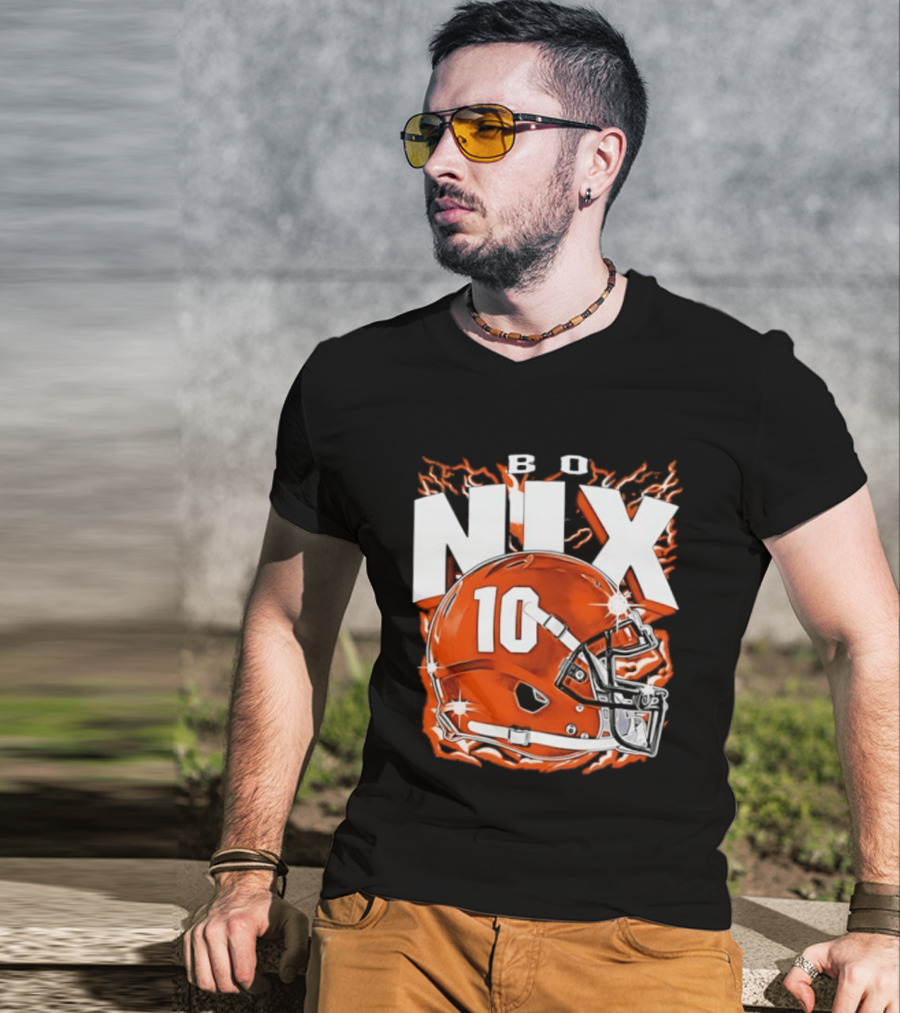 Bo Nix 10 Orange Football Helmet Flames T-Shirt