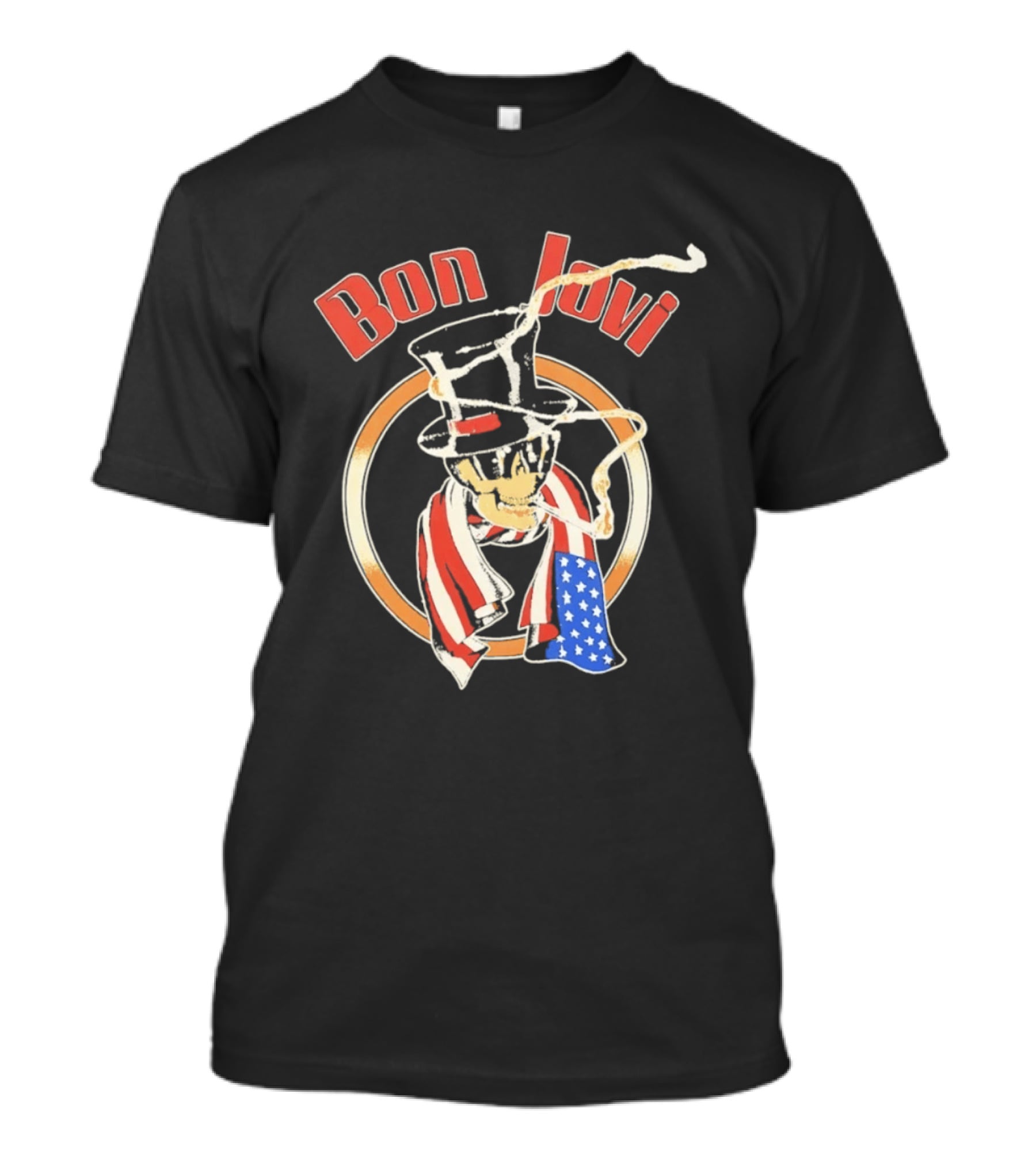 Bon Jovi American Skull With Patriotic Top Hat And Flag Scarf T-Shirt