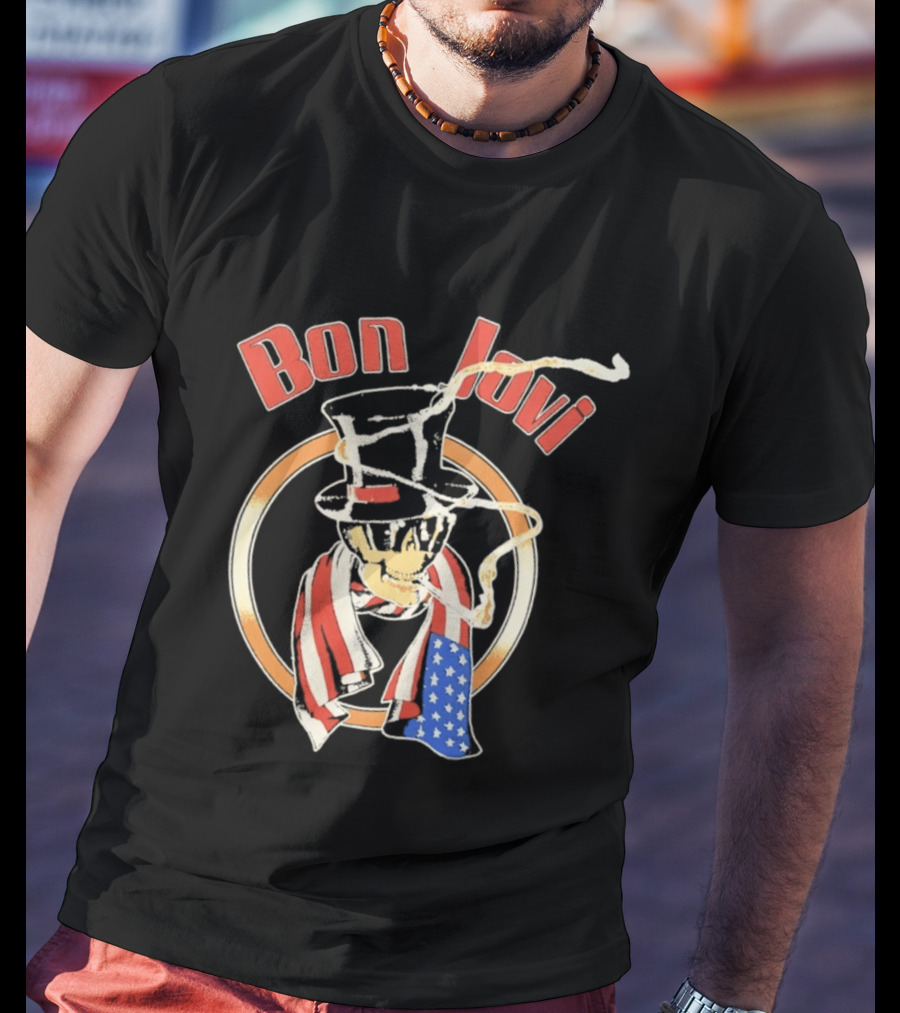 Bon Jovi American Skull With Patriotic Top Hat And Flag Scarf T-Shirt