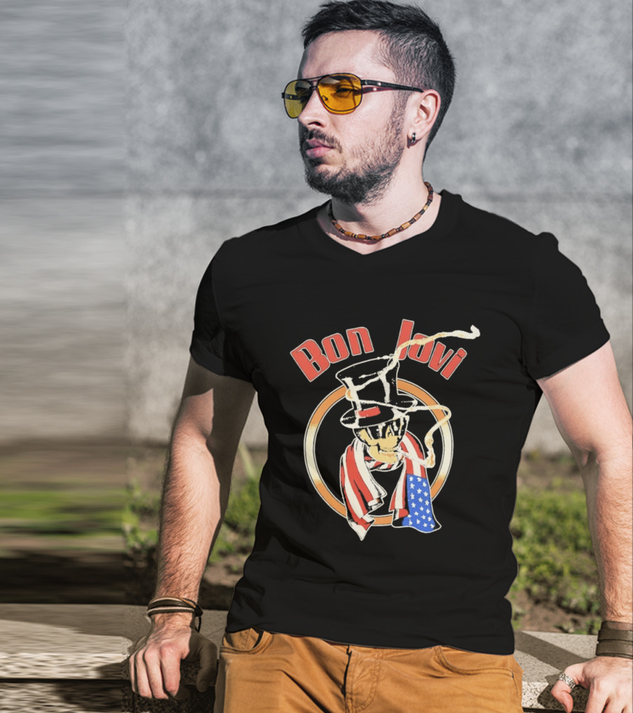 Bon Jovi American Skull With Patriotic Top Hat And Flag Scarf T-Shirt