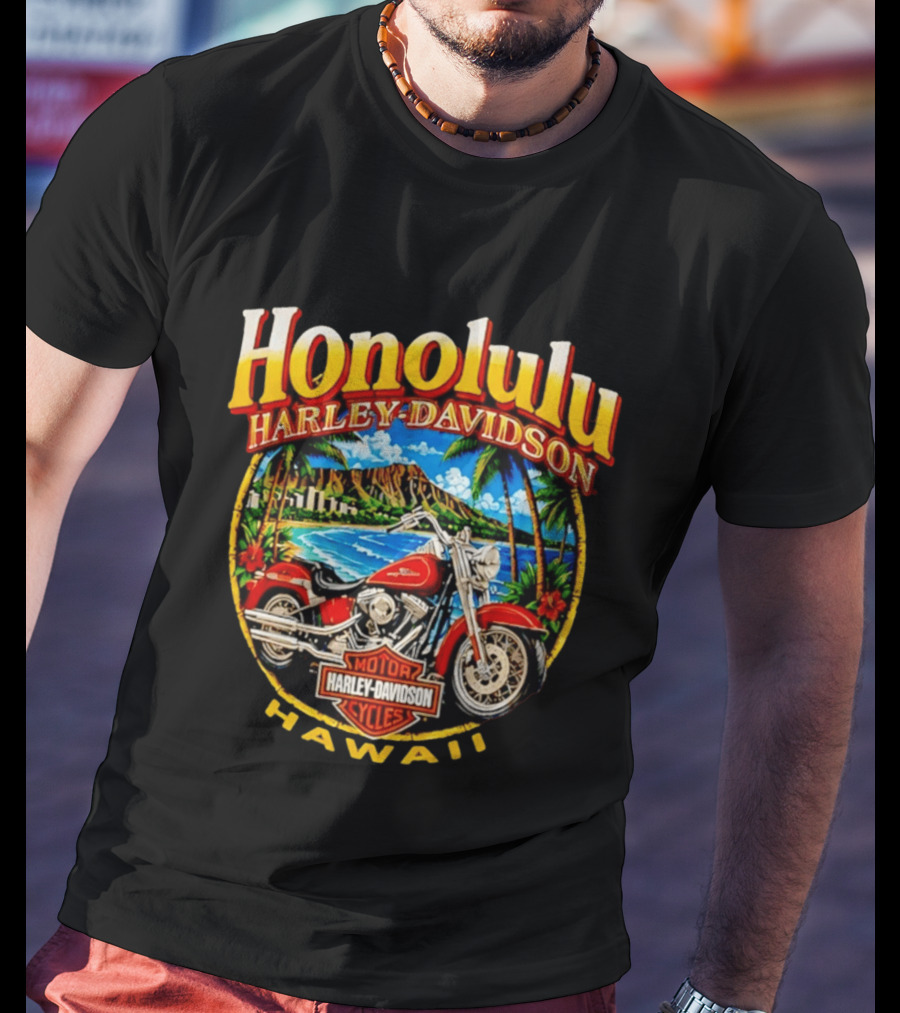 Honolulu Hawaii Harley Davidson Motorcycles Scenic Beach And Red Bike T-Shirt
