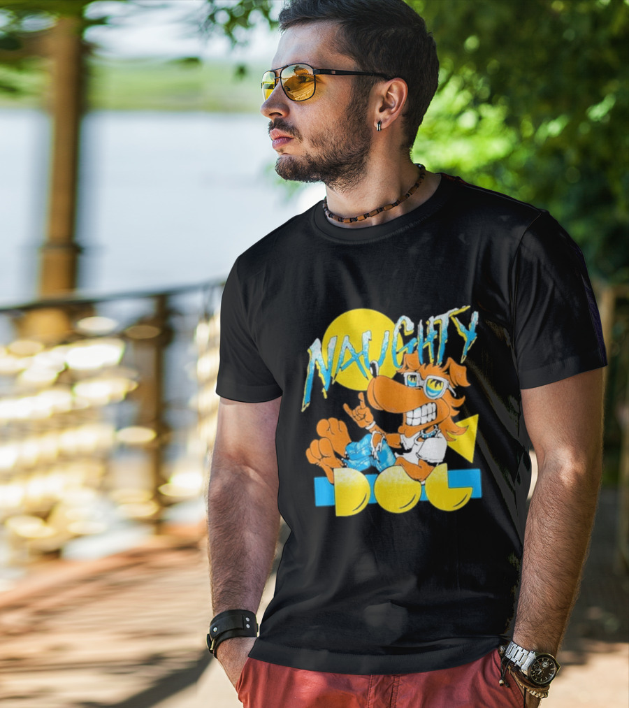 Naughty Dog Retro Cartoon Character With Sunglasses And Sunburst T-Shirt