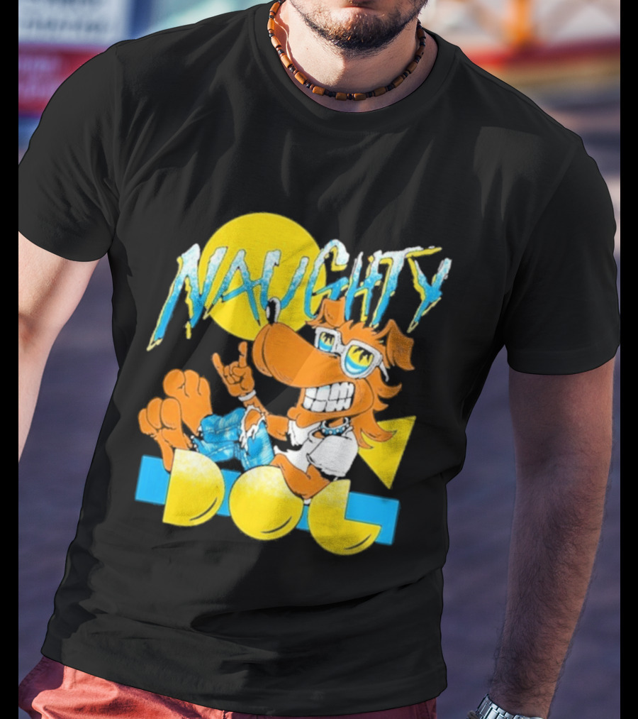 Naughty Dog Retro Cartoon Character With Sunglasses And Sunburst T-Shirt