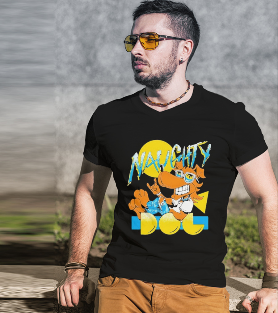 Naughty Dog Retro Cartoon Character With Sunglasses And Sunburst T-Shirt