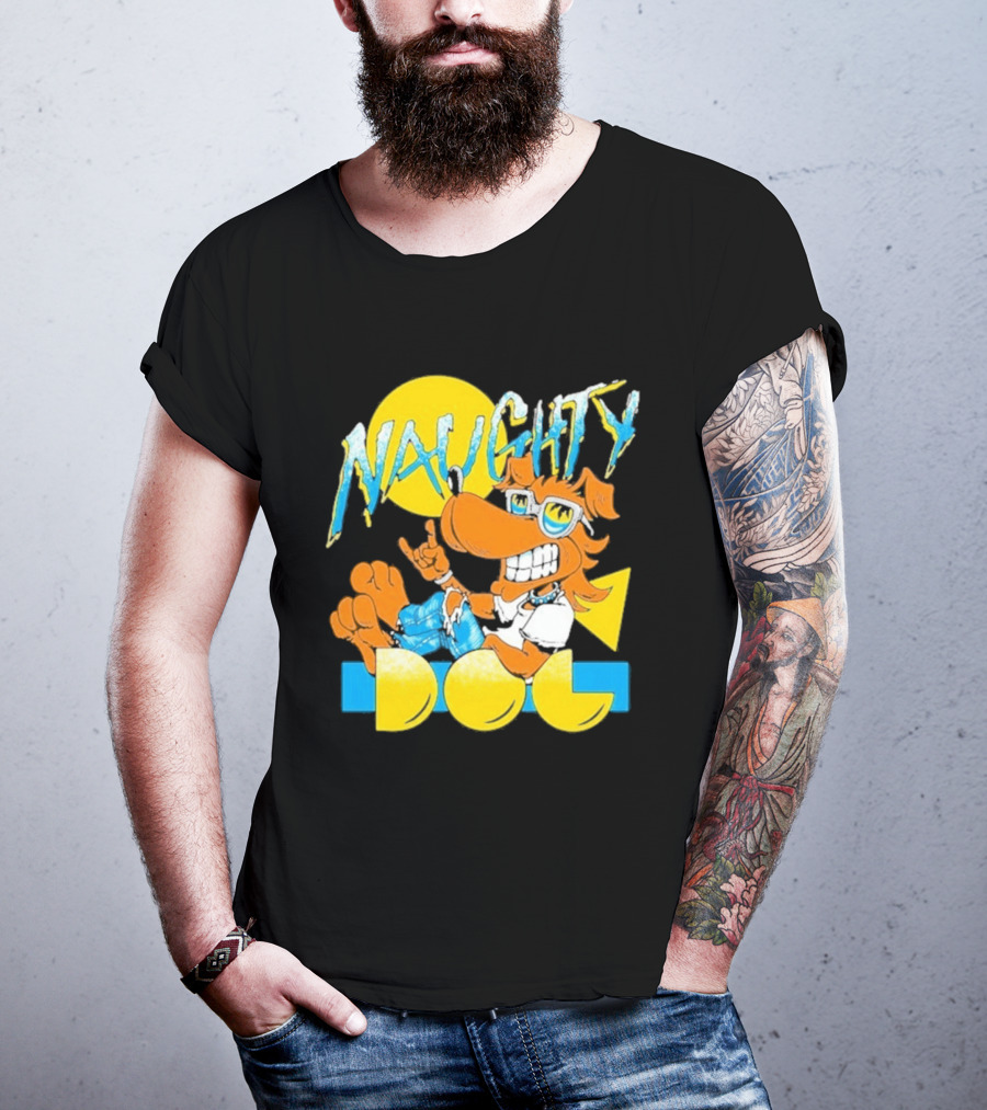 Naughty Dog Retro Cartoon Character With Sunglasses And Sunburst T-Shirt