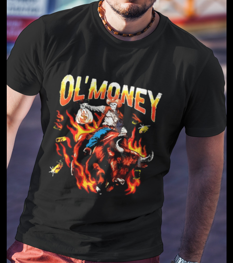Ol' Money RSN Brand Skeleton Cowboy Riding Flaming Bull T-Shirt