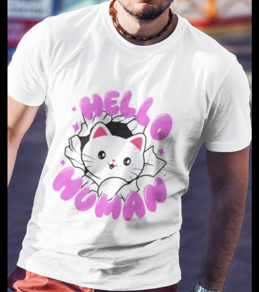 Hello Human Kawaii Cat Kitten Cute Pink T-Shirt