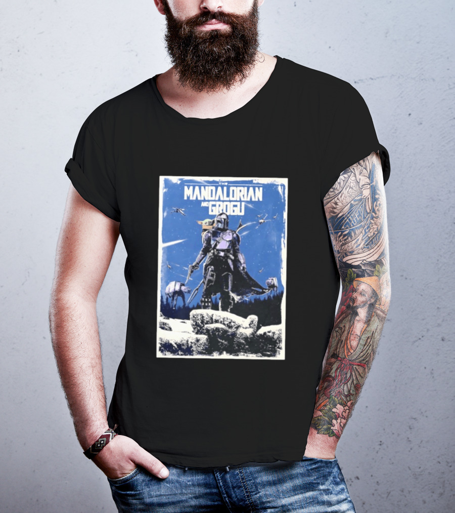 The Mandalorian And Grogu Star Wars Baby Yoda Scene With AT AT And X Wings T-Shirt