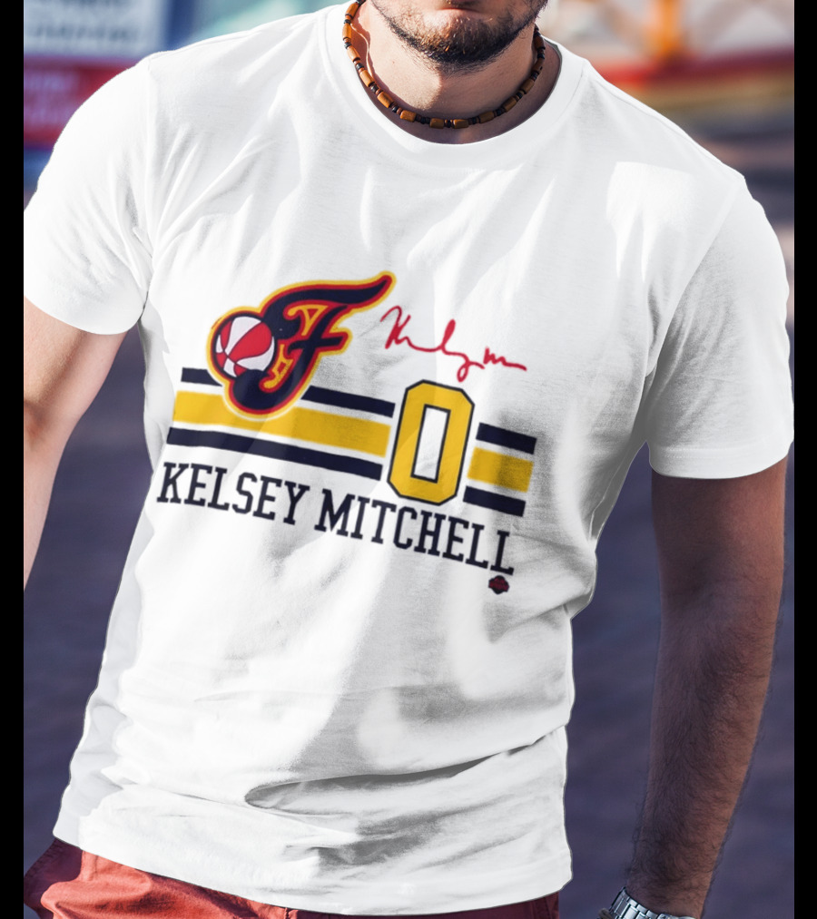 Kelsey Mitchell Indiana Fever No. 0 F Logo And Signature T-Shirt