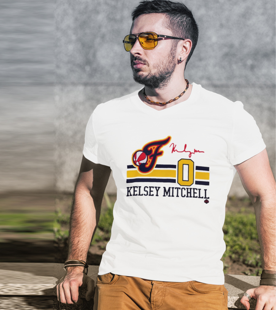 Kelsey Mitchell Indiana Fever No. 0 F Logo And Signature T-Shirt