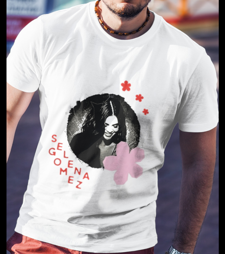 Selena Gomez Smile With Pink Paper Flower And Red T-Shirt