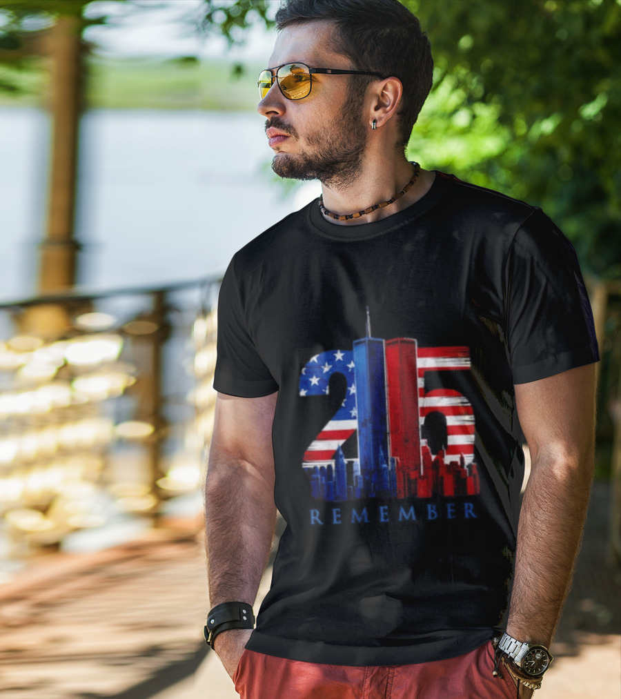 25th Anniversary Remember Twin Towers American Flag T-Shirt