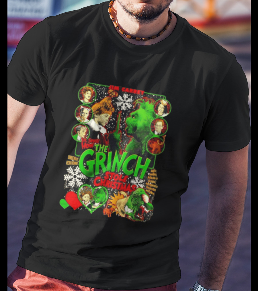 Jim Carrey Dr Seuss How The Grinch Stole Christmas Movie With Characters And Snowflakes T-Shirt
