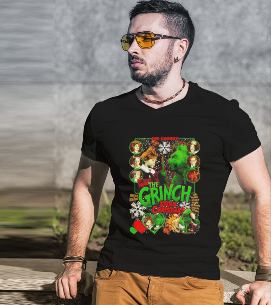 Jim Carrey Dr Seuss How The Grinch Stole Christmas Movie With Characters And Snowflakes T-Shirt