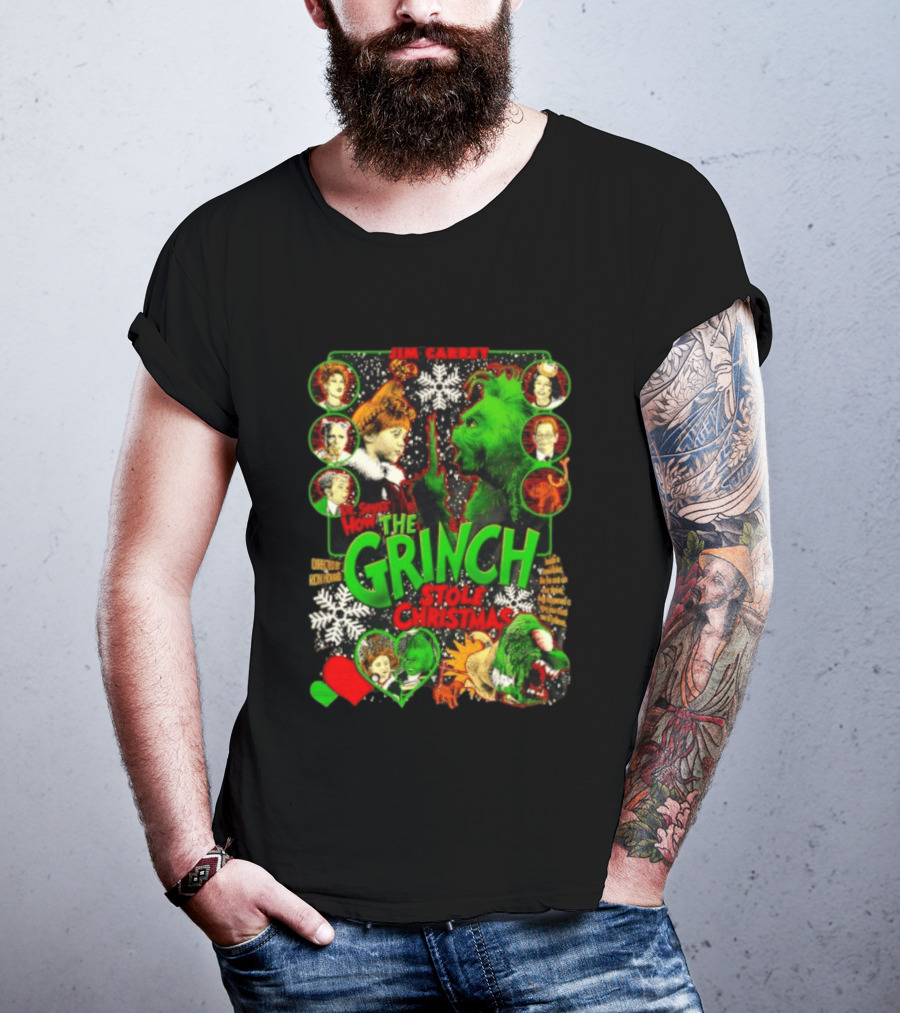Jim Carrey Dr Seuss How The Grinch Stole Christmas Movie With Characters And Snowflakes T-Shirt