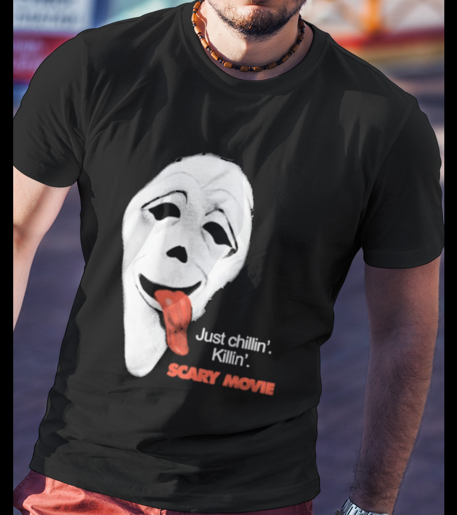 Just Chillin' Killin' Scary Movie Ghostface Mask With Red Tongue T-Shirt