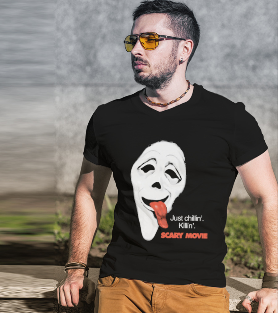 Just Chillin' Killin' Scary Movie Ghostface Mask With Red Tongue T-Shirt