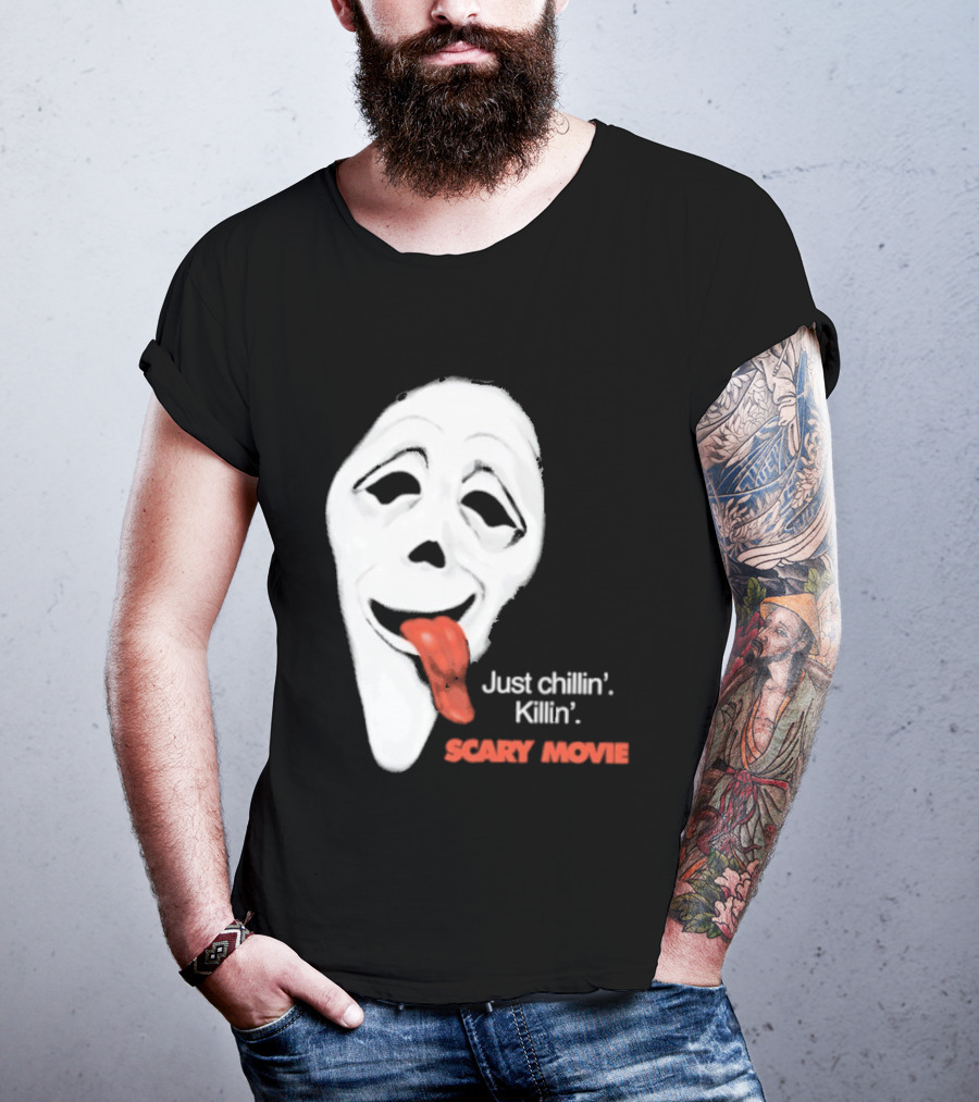 Just Chillin' Killin' Scary Movie Ghostface Mask With Red Tongue T-Shirt