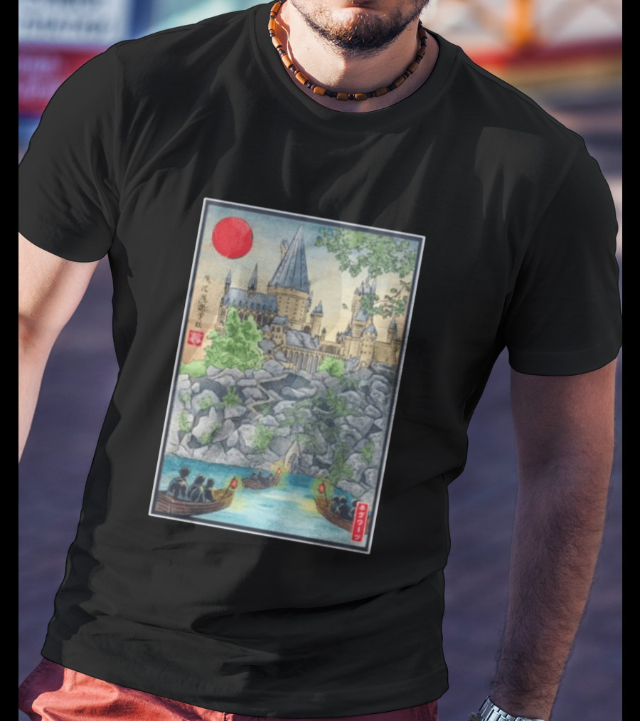 Hogwarts School Of Witchcraft And Wizardry Japanese Ukiyo E Style Castle With Boats And Red Sun T-Shirt