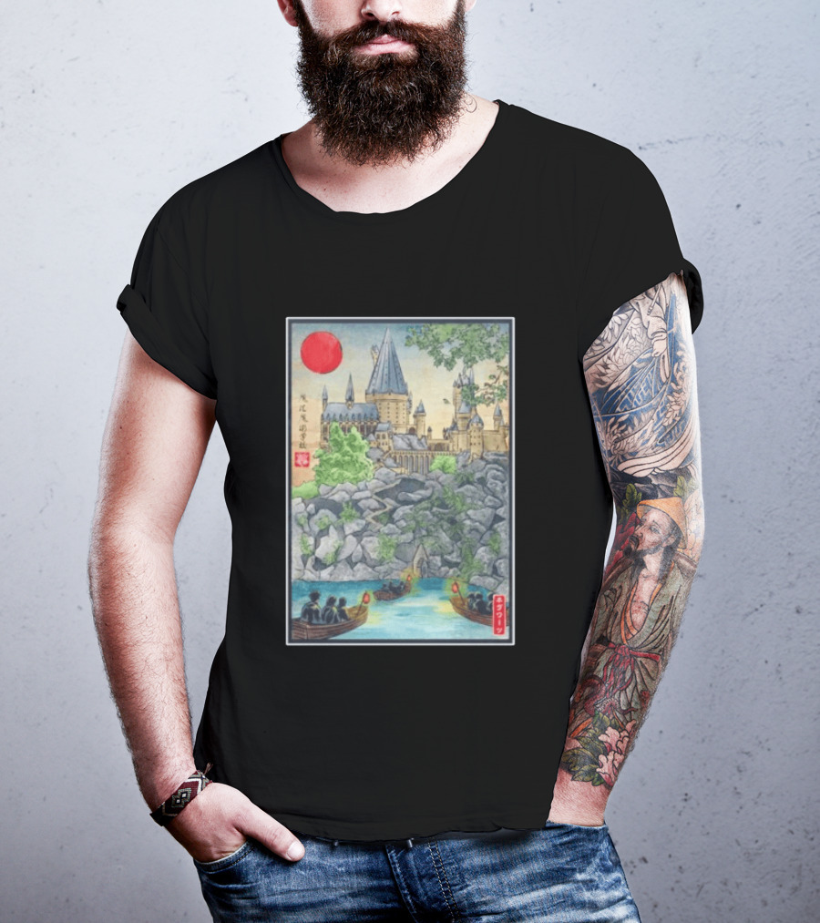 Hogwarts School Of Witchcraft And Wizardry Japanese Ukiyo E Style Castle With Boats And Red Sun T-Shirt
