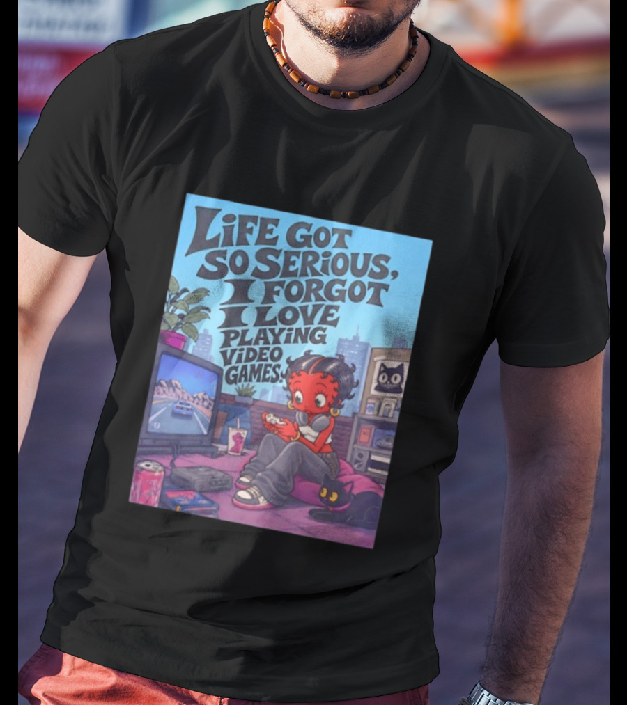 Life Got So Serious I Forgot I Love Playing Video Games City Room Scene Retro Character And Cat T-Shirt