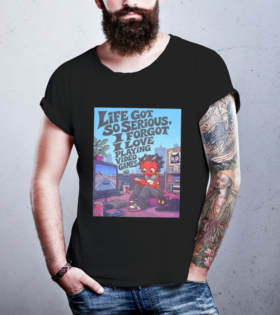 Life Got So Serious I Forgot I Love Playing Video Games City Room Scene Retro Character And Cat T-Shirt