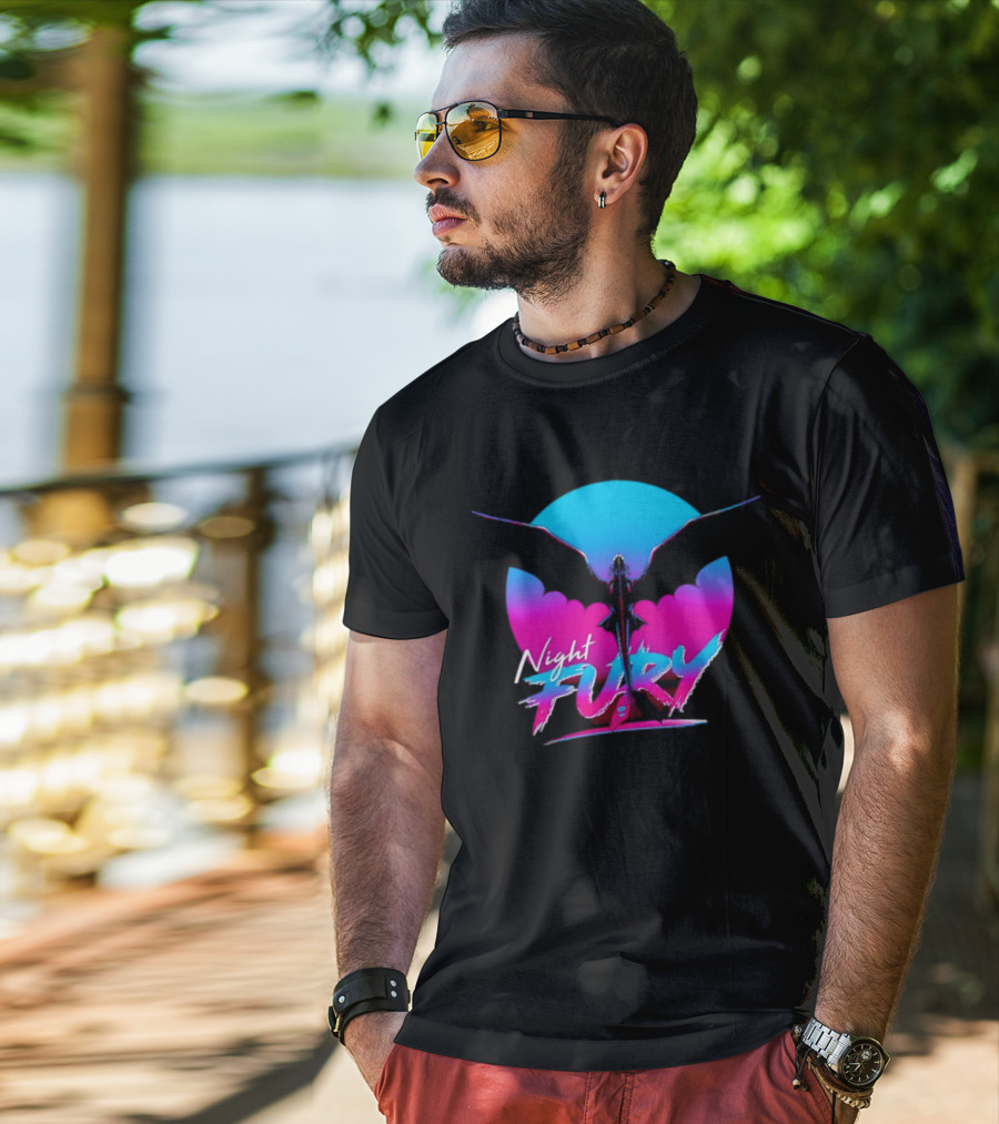 Night Fury Dragon Silhouette Neon Blue And Pink T-Shirt